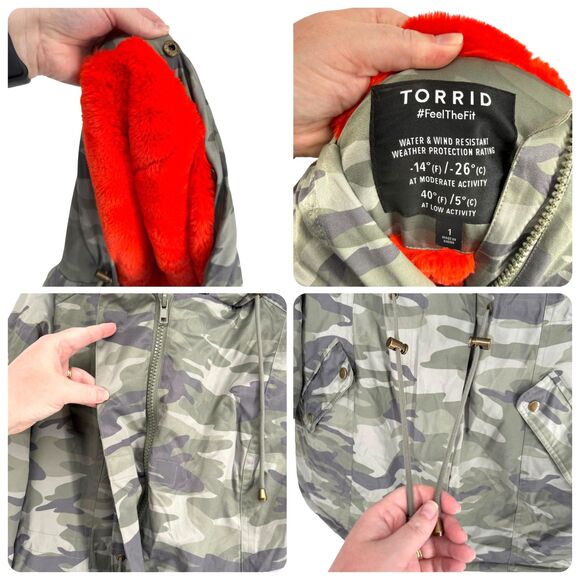 Torrid 1x Camo Twill Parka Faux Fur Lined Hood Winter Coat Water Wind Resistant - Picture 4 of 7